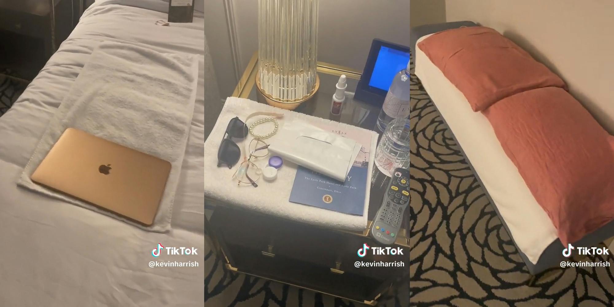 items placed on towels throughout hotel room