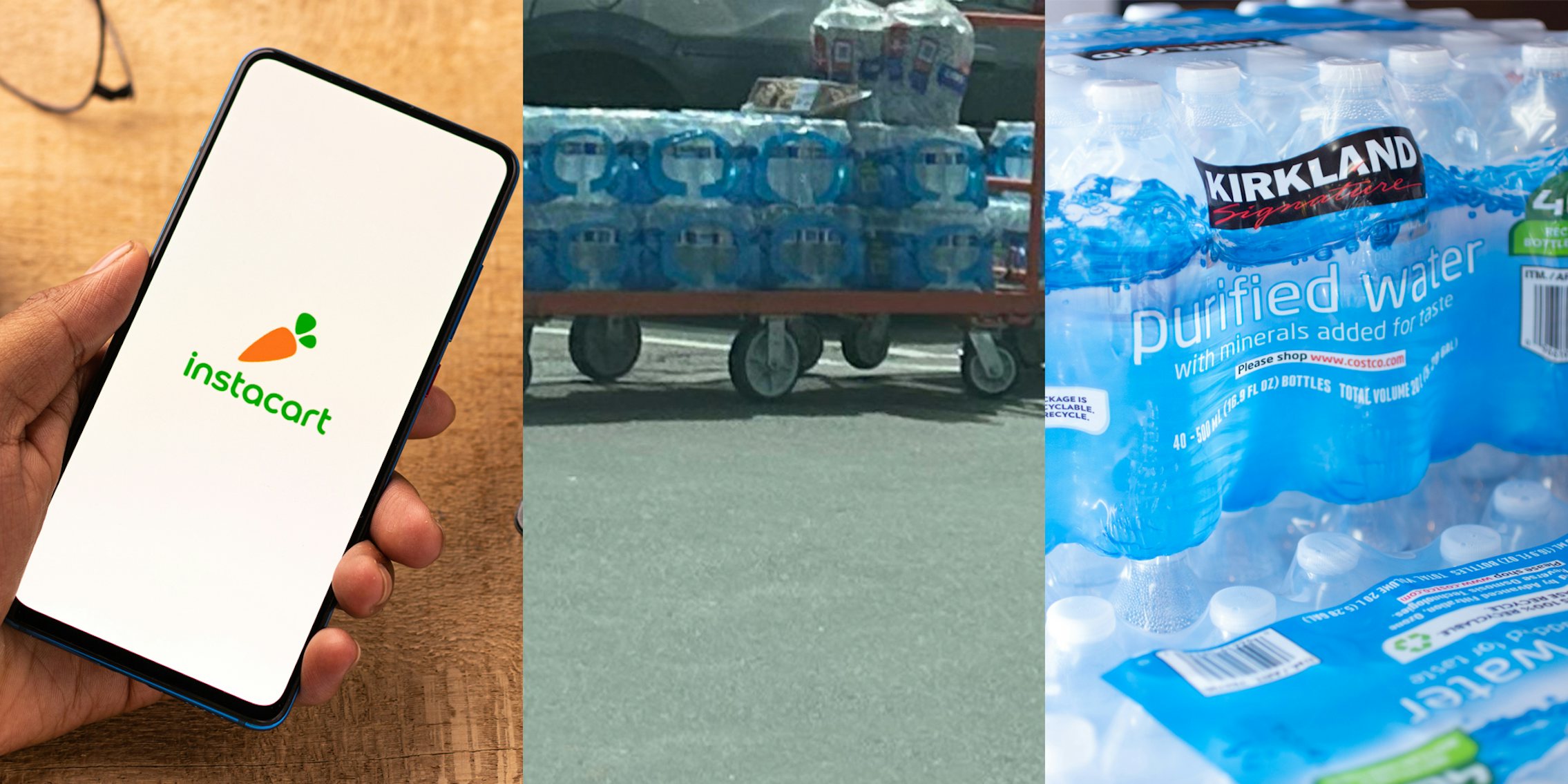 Instacart app open on phone screen in hand in front of wooden background (l) waters on large trolly (c) Kirkland bottles of water (r)