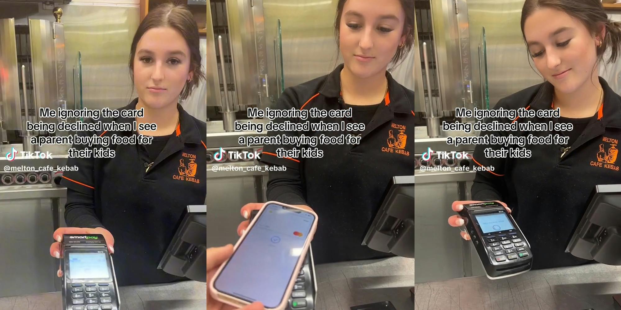 Melton Cafe Kebab employee checking out customer with caption "Me ignoring the card being declined when I see a parent buying food for their kids"