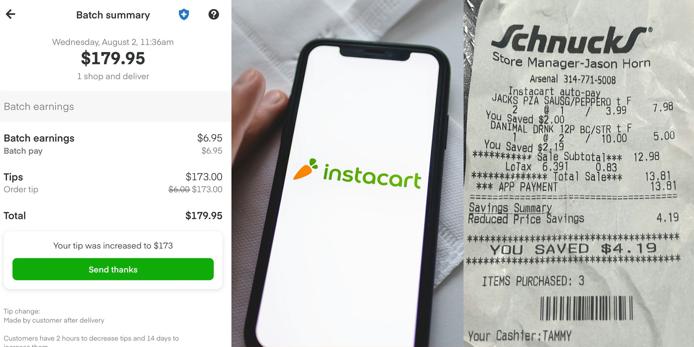 Instacart delivery summary showing $173 tip (l) Instacart app on phone screen on top of napkin (c) Schnucks receipt showing total $13.81 (r)