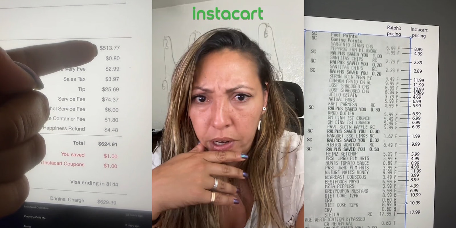 finger pointing to Instacart total with fees (l) Instacart customer speaking with Instacart logo above (c) receipt with price comparisons between Ralph's and Instacart (r)