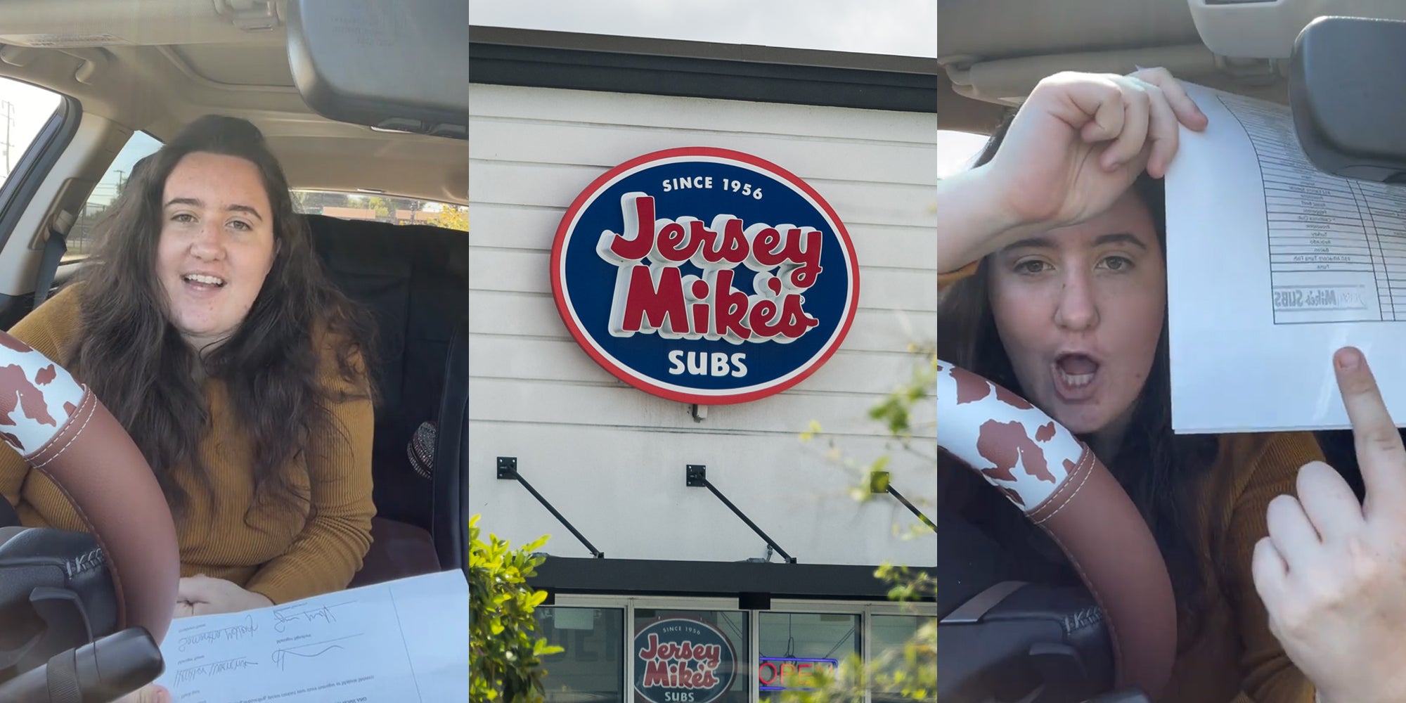 job hunter speaking in car with papers (l) Jersey Mike's sign on building (c) job hunter speaking in car pointing to paper (r)