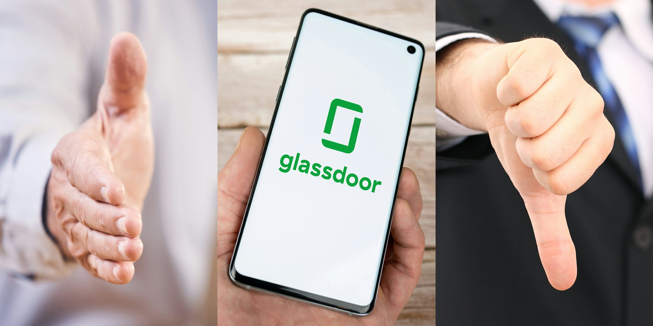 hand out (l) hand holding phone with glassdoor on screen (c) thumbs down (r)