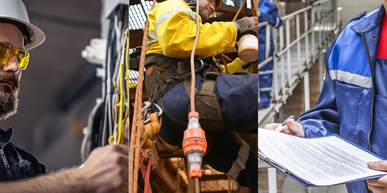electrician working (l) electrician on harness and metal structure (c) worker holding clipboard with papers (r)