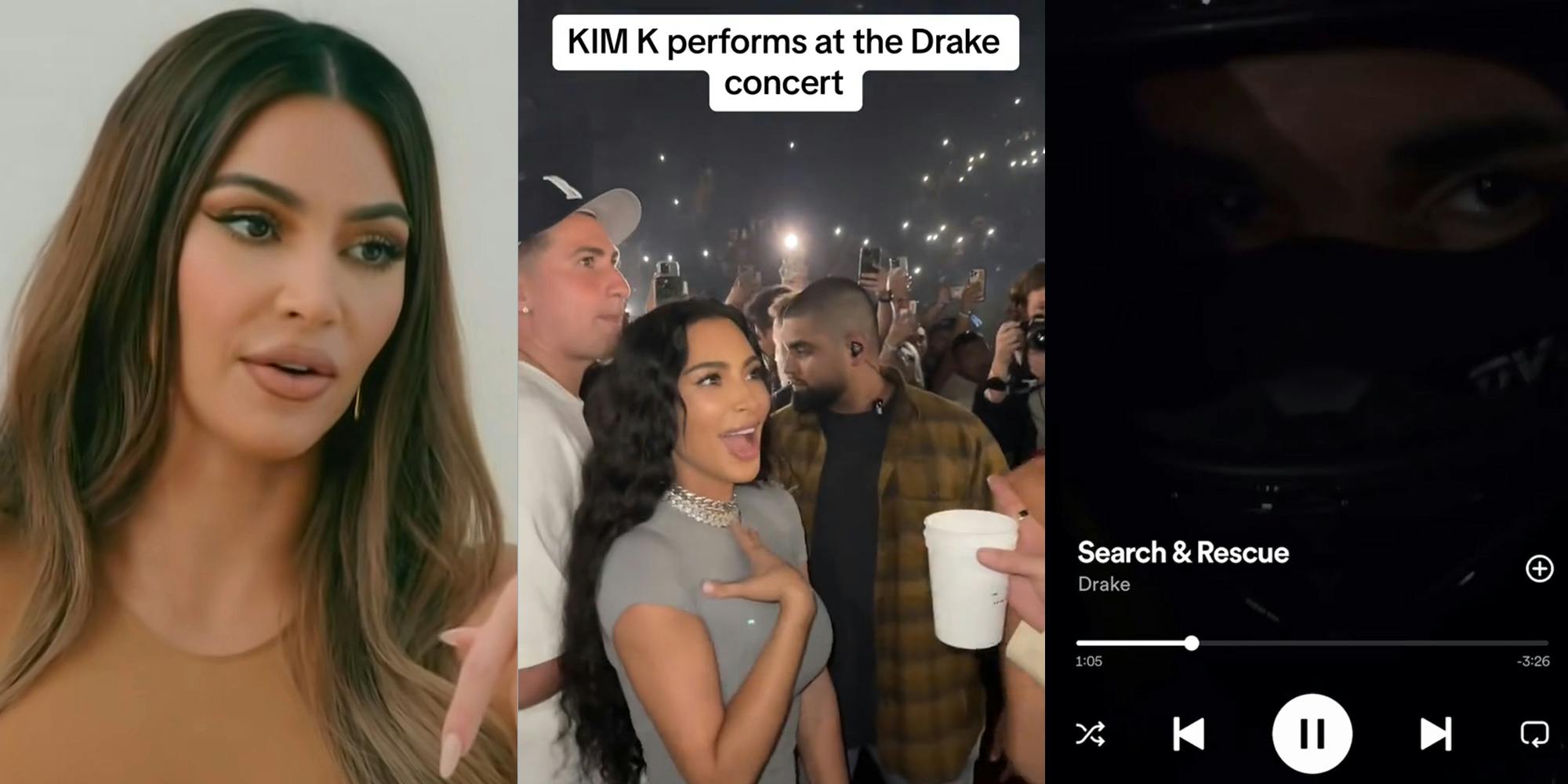 Kim Kardashian speaking in front of white wall in Keeping up with the Kardashians (l) Kim Kardashian singing at Drake concert with caption "KIM K performs at the Drake concert (c) Drake song Search & Rescue on Spotify (r)