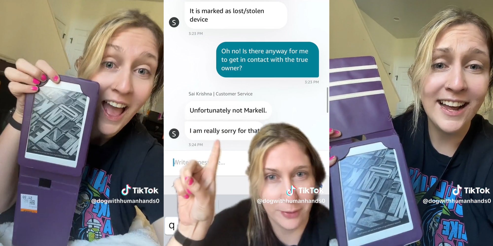 woman showing Kindle from thrift store (l&r) woman pointing to dm's (c)