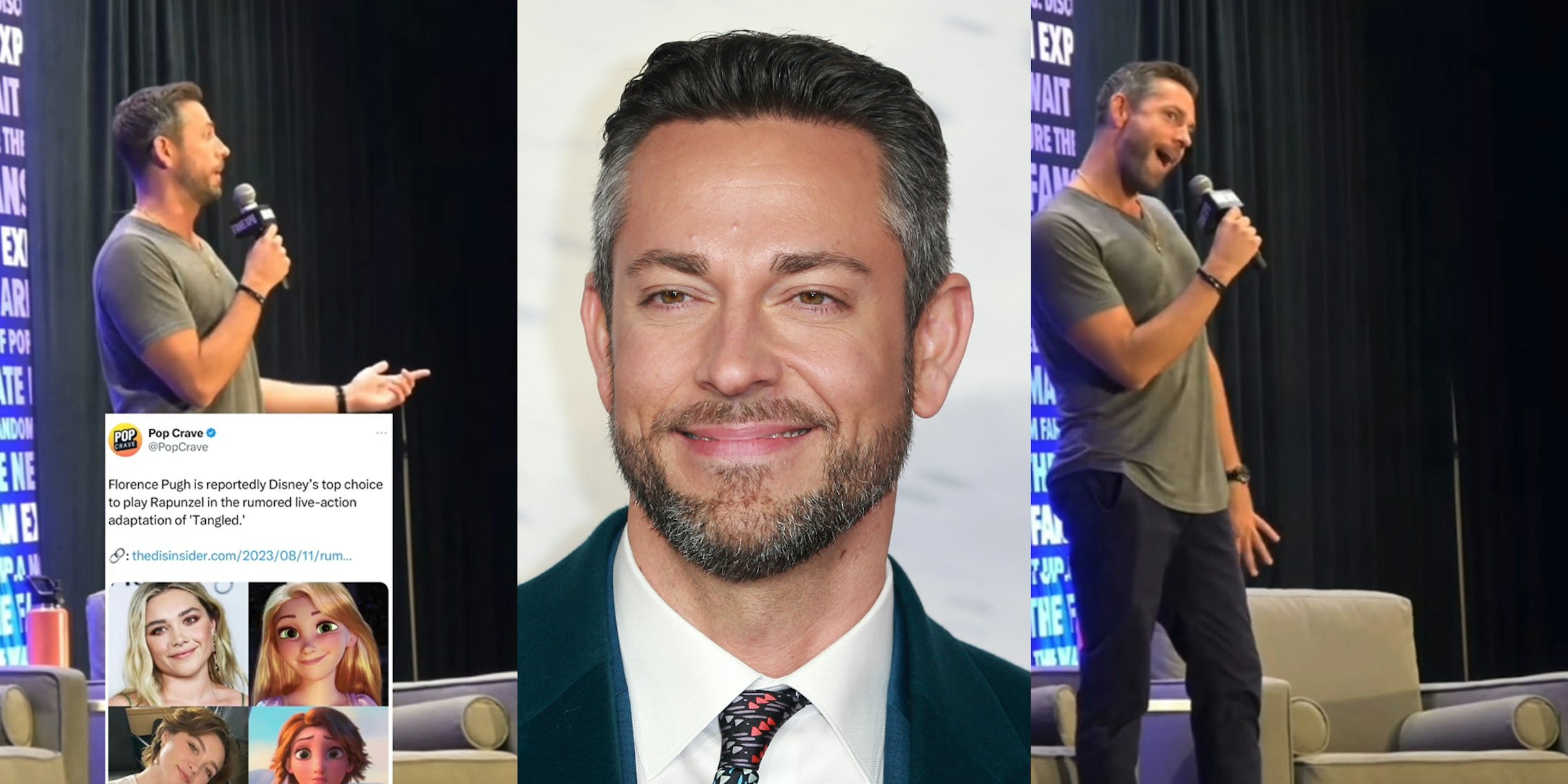 Zachary Levi speaking into microphone on stage with image of Tweet by Pop Culture (l) Zachary Levi in front of white background (c) Zachary Levi speaking into a microphone on stage (r)
