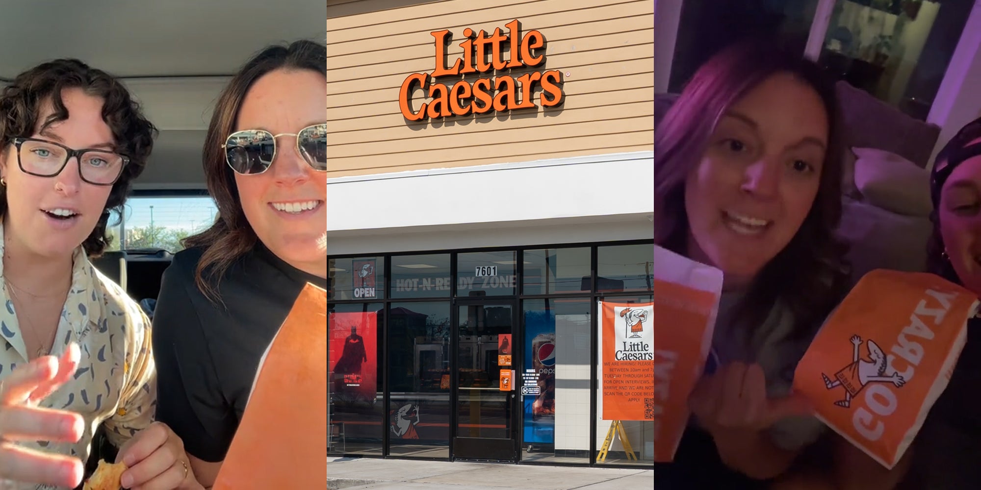 Little Caesar's customers speaking holding crazy bread (l) Little Caesar's building with sign (c) Little Caesar's customers speaking holding crazy bread (r)