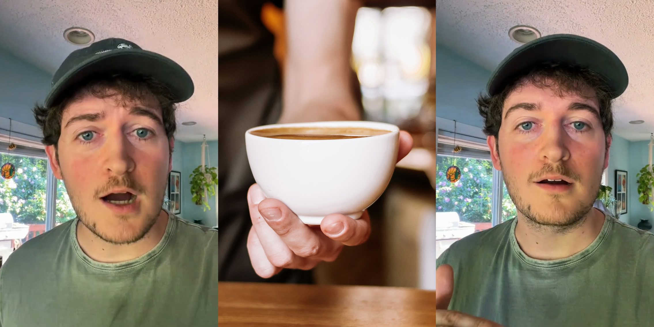 coffee shop customer speaking (l) barista holding out coffee in mug (c) coffee shop customer speaking (r)