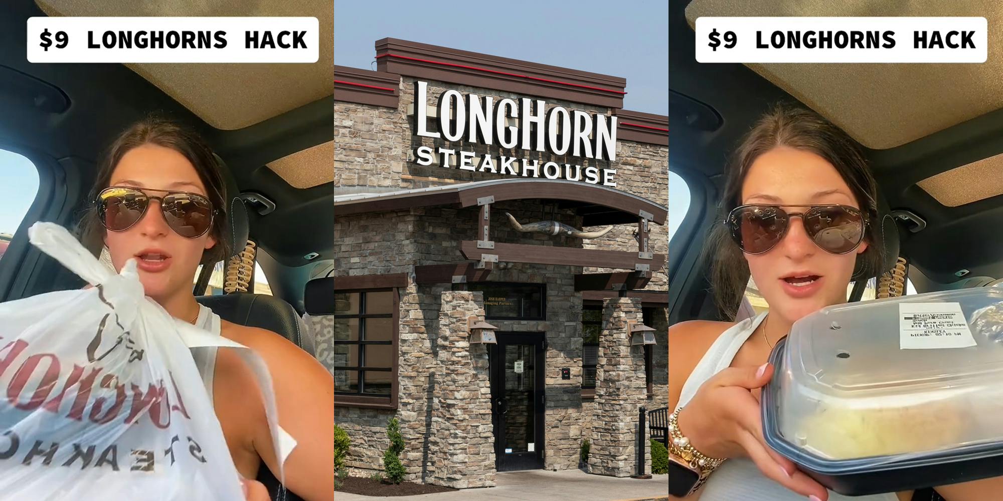 Longhorn Steakhouse customer speaking in car while holding meal with caption "$9 LONGHORNS HACK" (l) Longhorn Steakhouse building with sign (c) Longhorn Steakhouse customer speaking in car while holding meal with caption "$9 LONGHORNS HACK" (r)