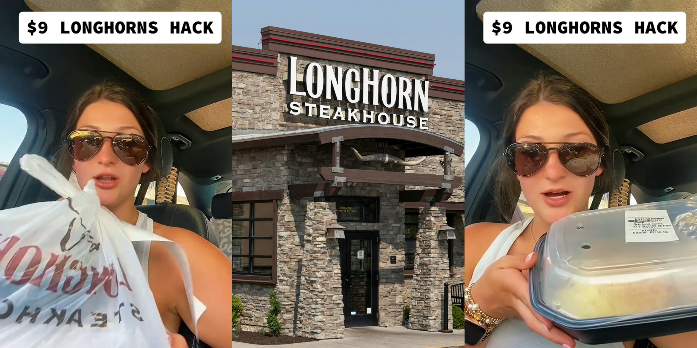 Longhorn Steakhouse customer speaking in car while holding meal with caption '$9 LONGHORNS HACK' (l) Longhorn Steakhouse building with sign (c) Longhorn Steakhouse customer speaking in car while holding meal with caption '$9 LONGHORNS HACK' (r)