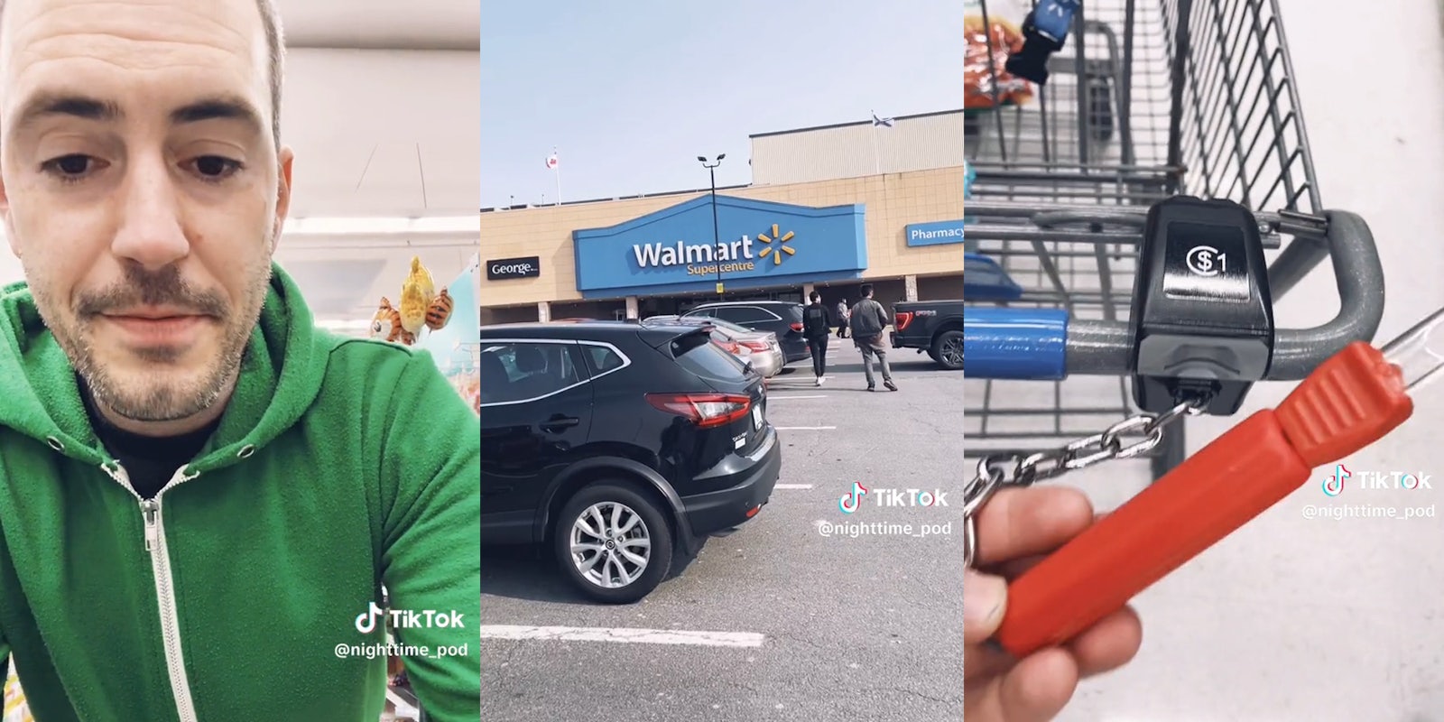 man confused and upset by cart deposit device at Walmart