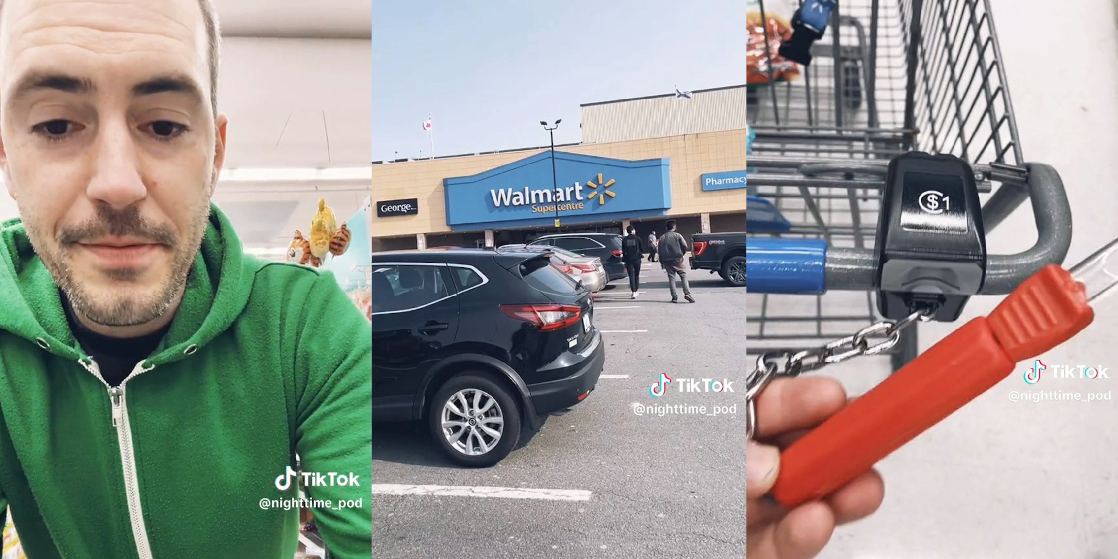 man confused and upset by cart deposit device at Walmart