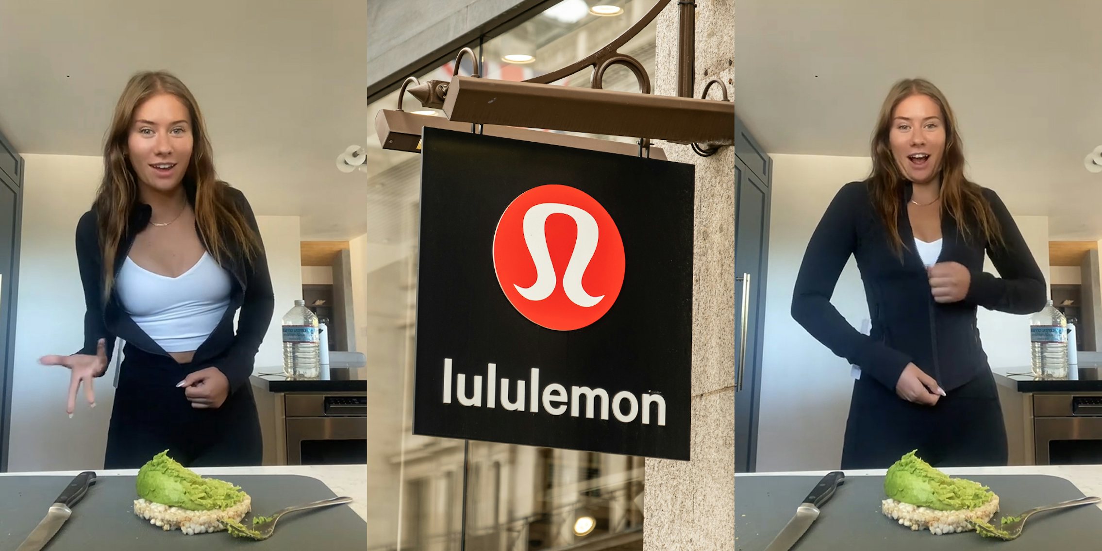 Lululemon customer speaking (l) Lululemon sign hanging (c) Lululemon customer speaking (r)