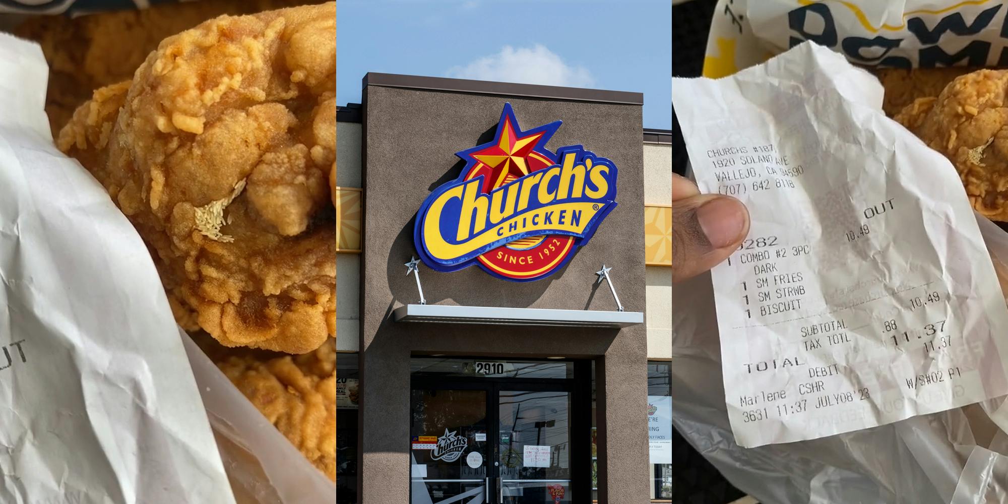fly eggs on fried chicken (l) Church's Chicken building with sign (c) Church's chicken receipt in hand next to chicken with fly eggs on it (r)