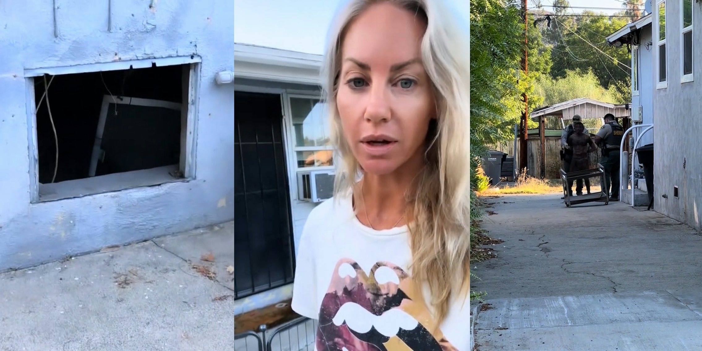 hole in house (l) woman speaking in front of house (c) police arresting man at house (r)