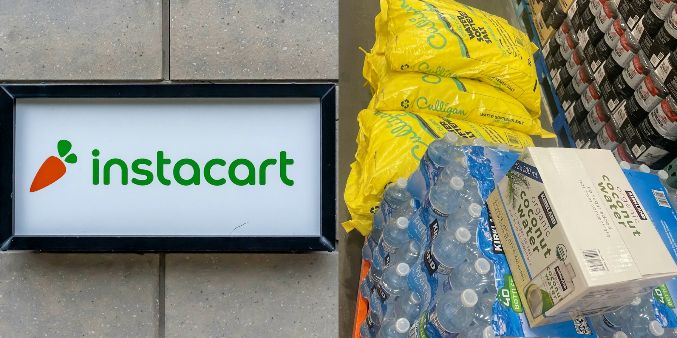 instacart logo (l) culligan water softener salt bags and a pallet of water bottles (r)