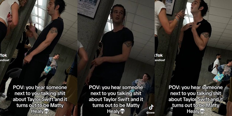 Matty Healy backstage with caption 'POV: you hear someone next to you talking shit about Taylor Swift and it turns out to be Matty Healy'