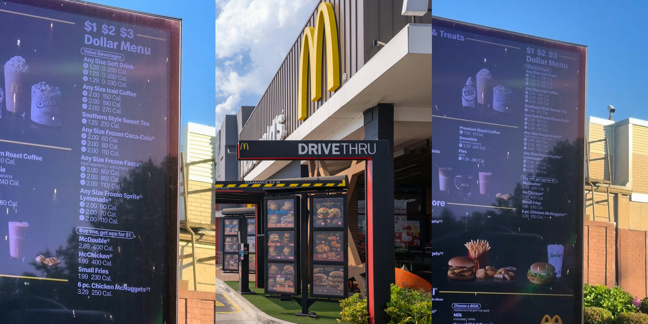 McDonald's outdoor menu (l) McDonald's drive thru with signs (c) McDonald's outdoor menu (r)