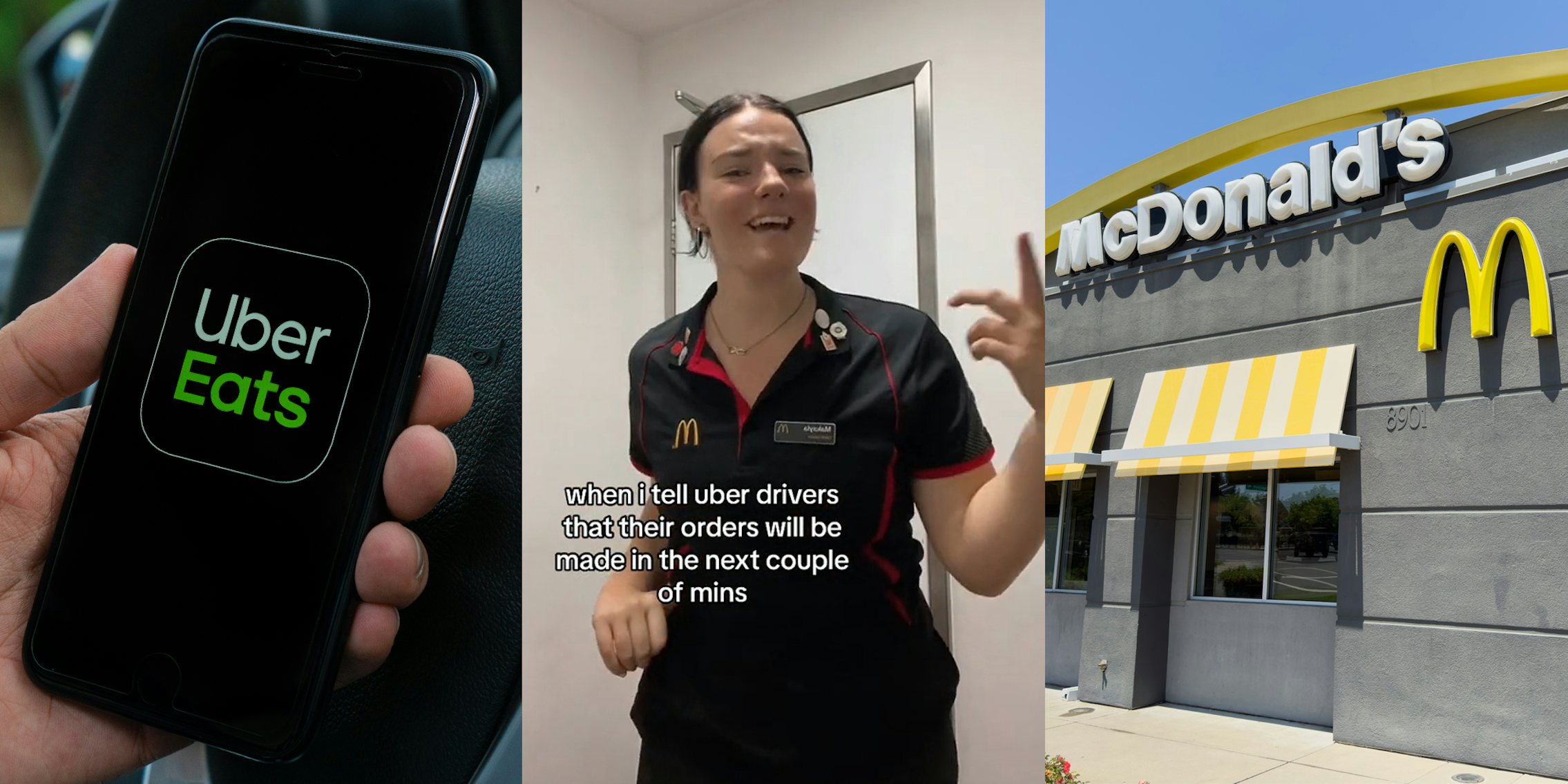 Uber Eats driver in car holding phone with app on screen (l) McDonald's worker with caption 'when i tell uber drivers that their orders will be made in the next couple of mins' (c) McDonald's buildings with signs (r)