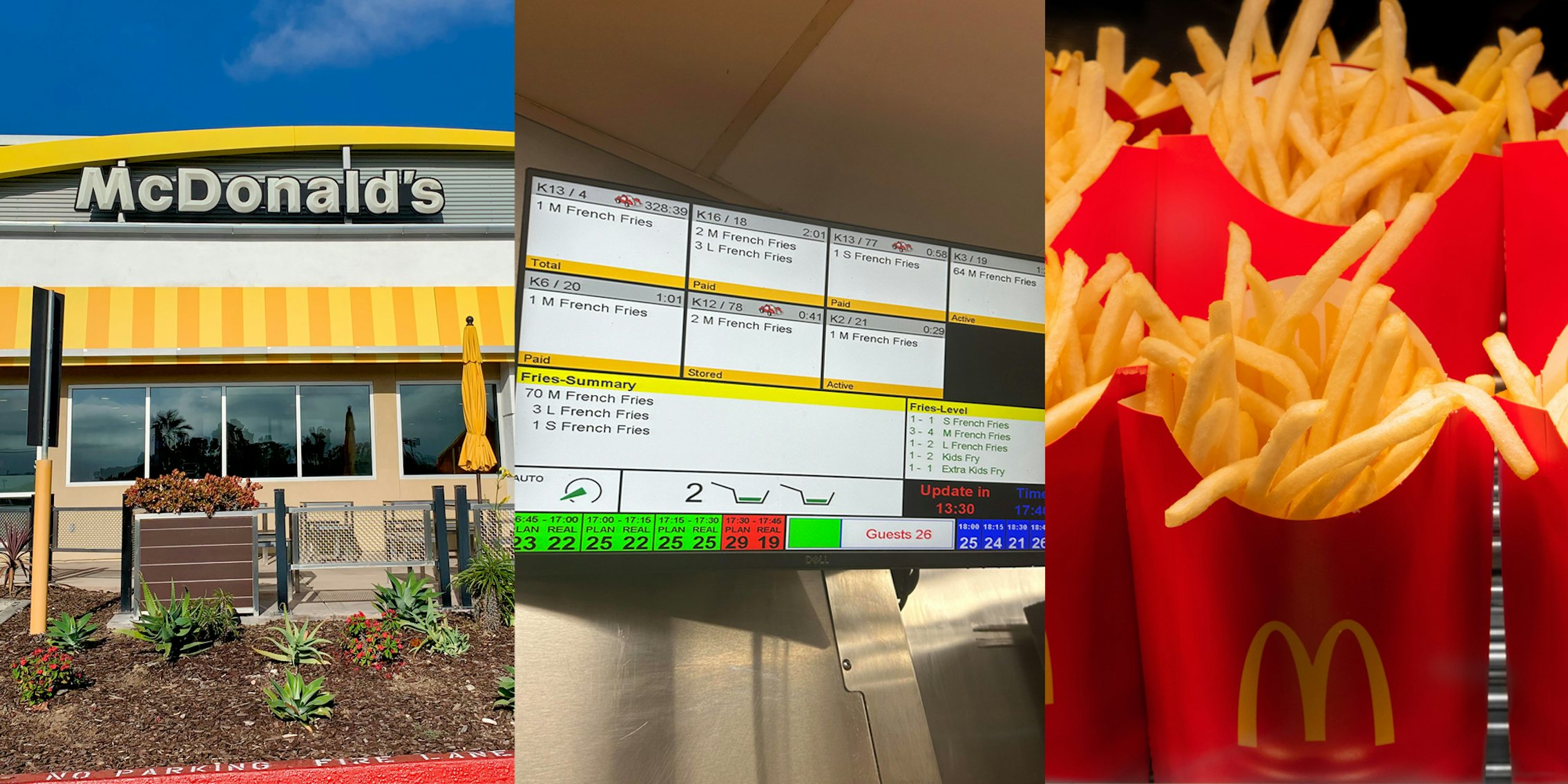 McDonald's building with sign (l) McDonald's order screen displaying 70 orders of fries (c) McDonald's french fries in front of black background (r)