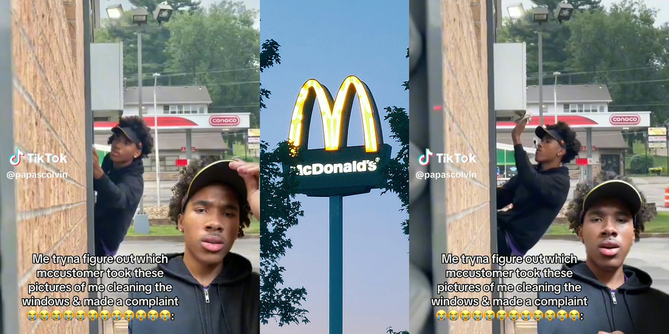 young man working at McDonalds drive thru (l&r) mcdonald's sign (c)