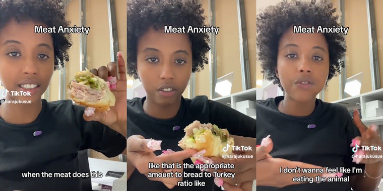 young woman with turkey sandwich and caption 'meat anxiety'