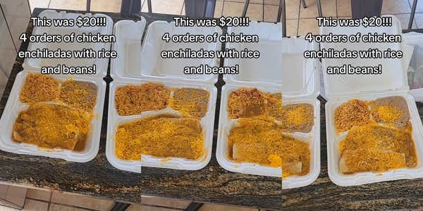 chicken enchiladas with rice and beans in styrofoam container with caption " This was $20!! 4 orders of chicken enchiladas with rice and beans!" (l) chicken enchiladas with rice and beans in styrofoam container with caption " This was $20!! 4 orders of chicken enchiladas with rice and beans!" (c) chicken enchiladas with rice and beans in styrofoam container with caption " This was $20!! 4 orders of chicken enchiladas with rice and beans!" (r)