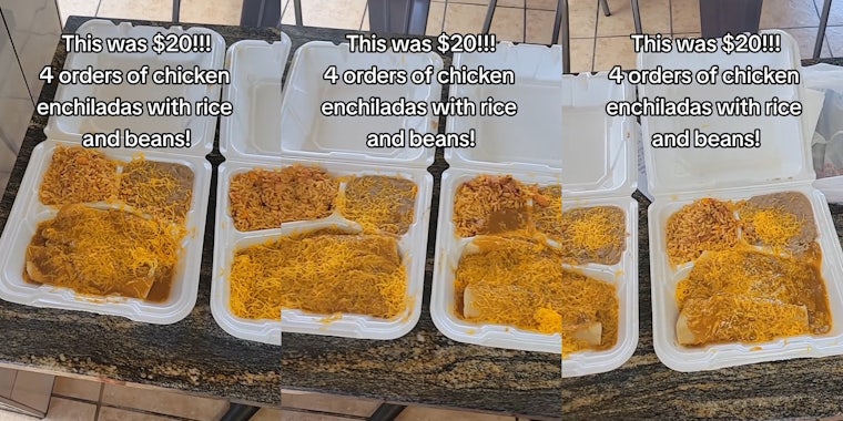 chicken enchiladas with rice and beans in styrofoam container with caption ' This was $20!! 4 orders of chicken enchiladas with rice and beans!' (l) chicken enchiladas with rice and beans in styrofoam container with caption ' This was $20!! 4 orders of chicken enchiladas with rice and beans!' (c) chicken enchiladas with rice and beans in styrofoam container with caption ' This was $20!! 4 orders of chicken enchiladas with rice and beans!' (r)