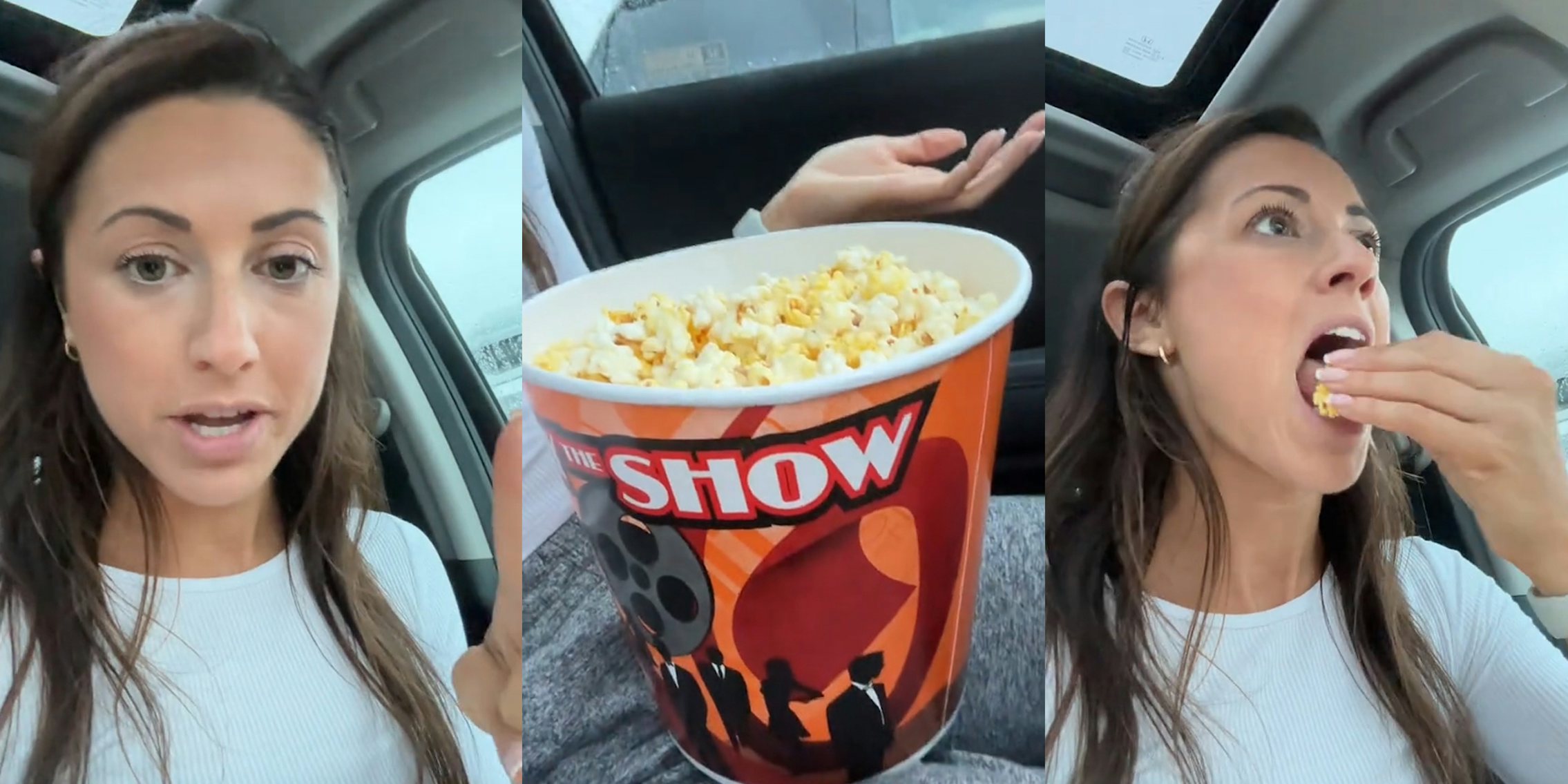 woman speaking in car (l) movie theater popcorn on woman's lap in car (c) woman eating popcorn in car (r)