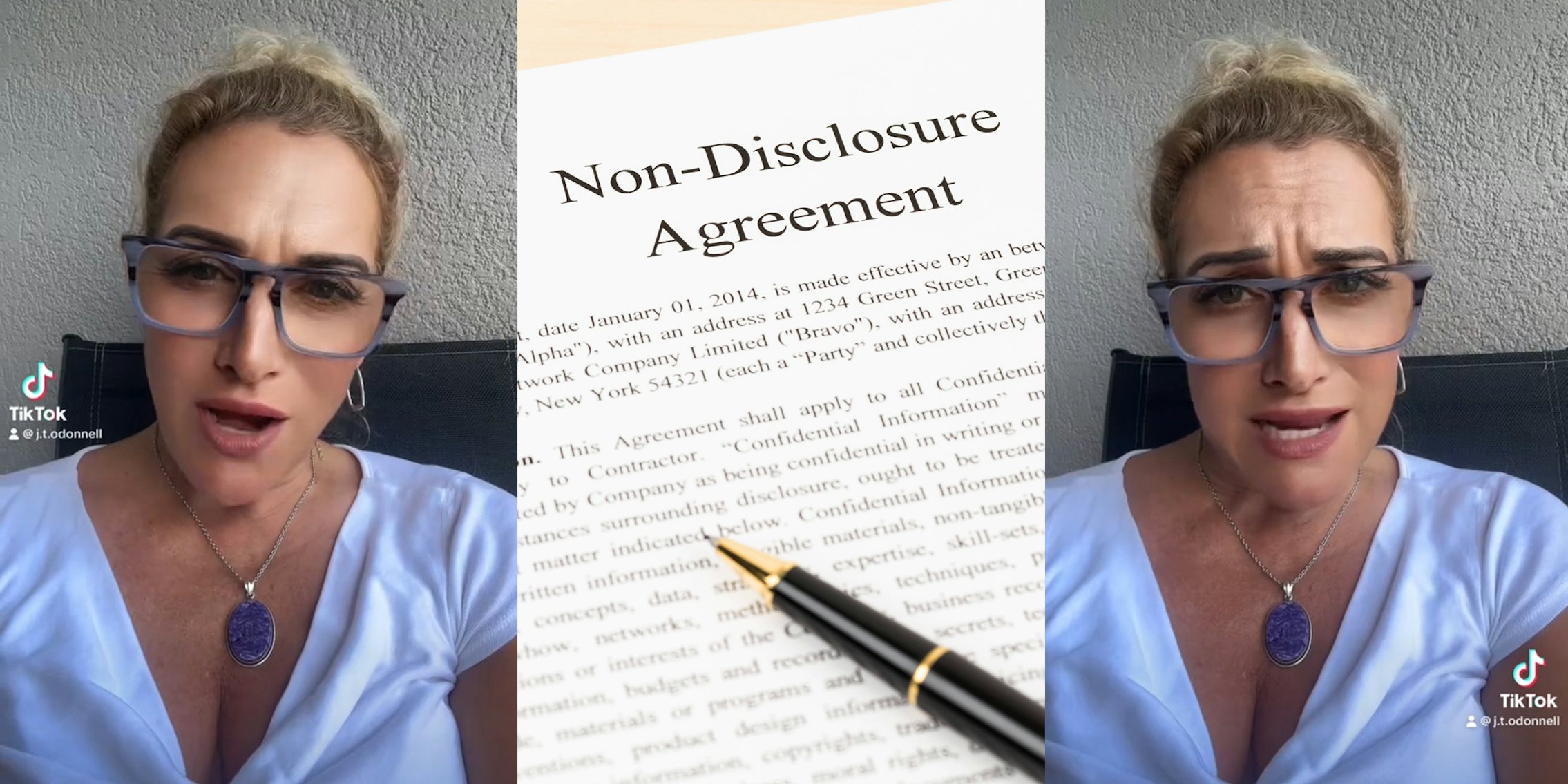 life coach speaking in chair (l) Non-Disclosure Agreement paper on table with pen (c) life coach speaking in chair (r)