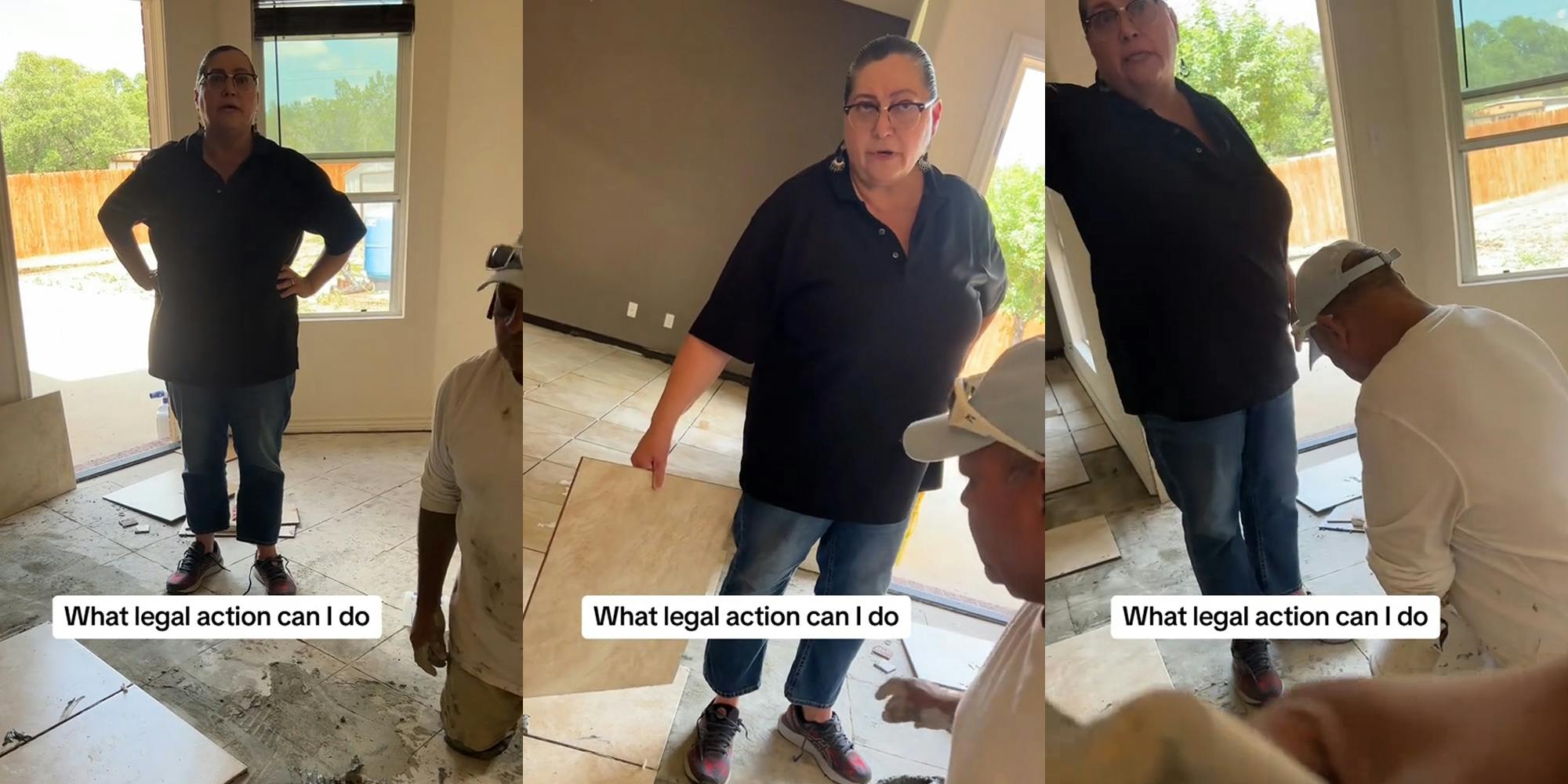 home owner speaking to workers in kitchen with caption "What legal action can I do" (l) home owner speaking to workers in kitchen with caption "What legal action can I do" (c) home owner speaking to workers in kitchen with caption "What legal action can I do" (r)