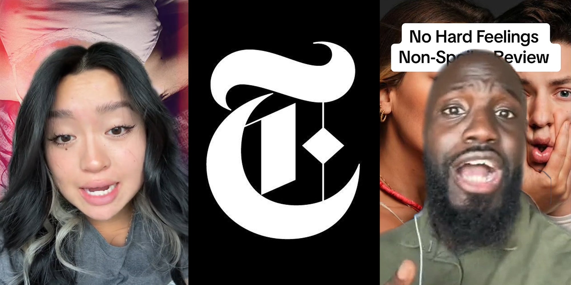 @maddikoch TikToker greenscreen TikTok over movie poster (l) NY Times logo in front of black background (c) @straw_hat_goofy TikToker greenscreen TikTok over movie poster with caption 