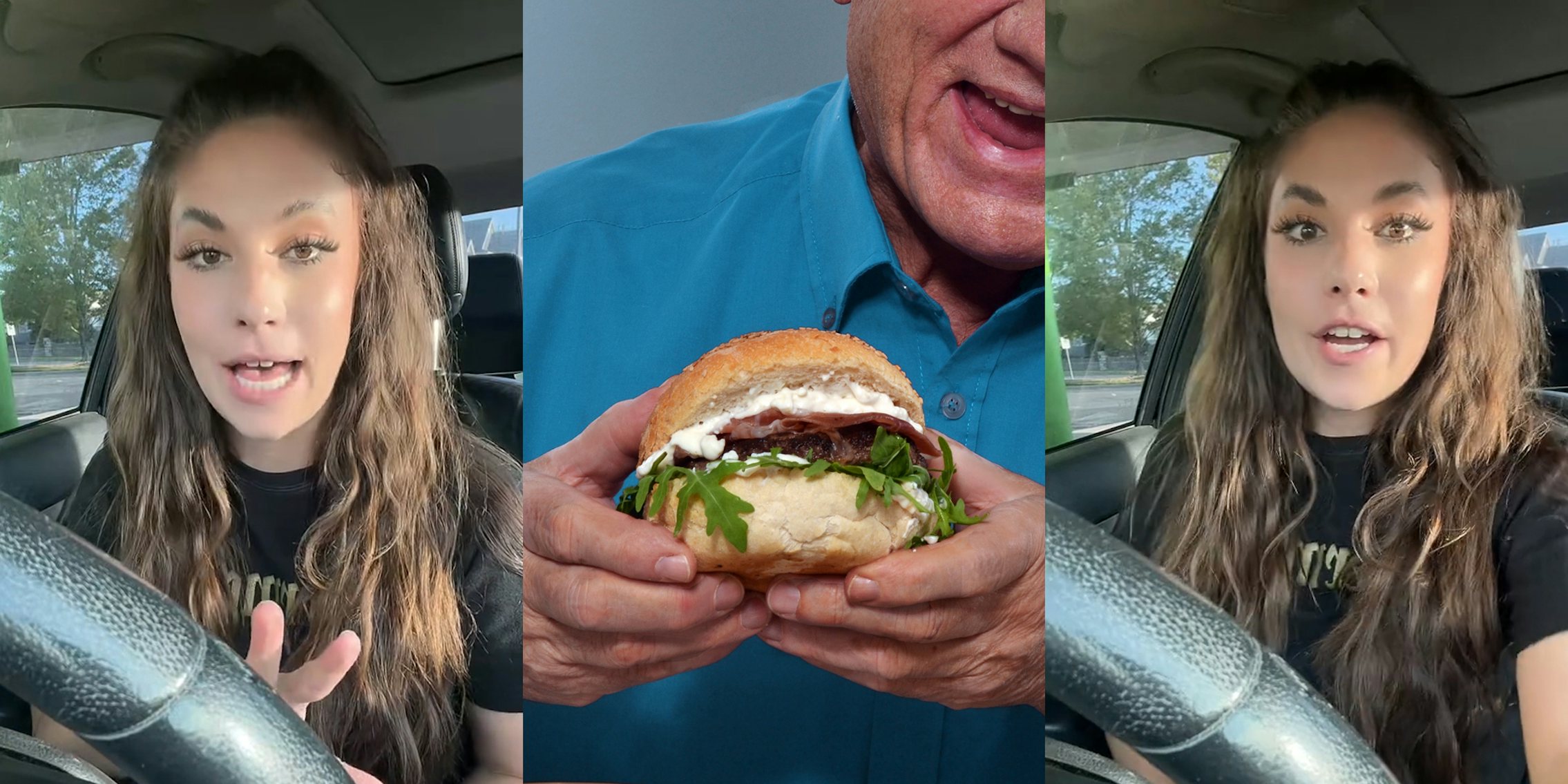 server speaking in car (l) old man holding burger (c) server speaking in car (r)