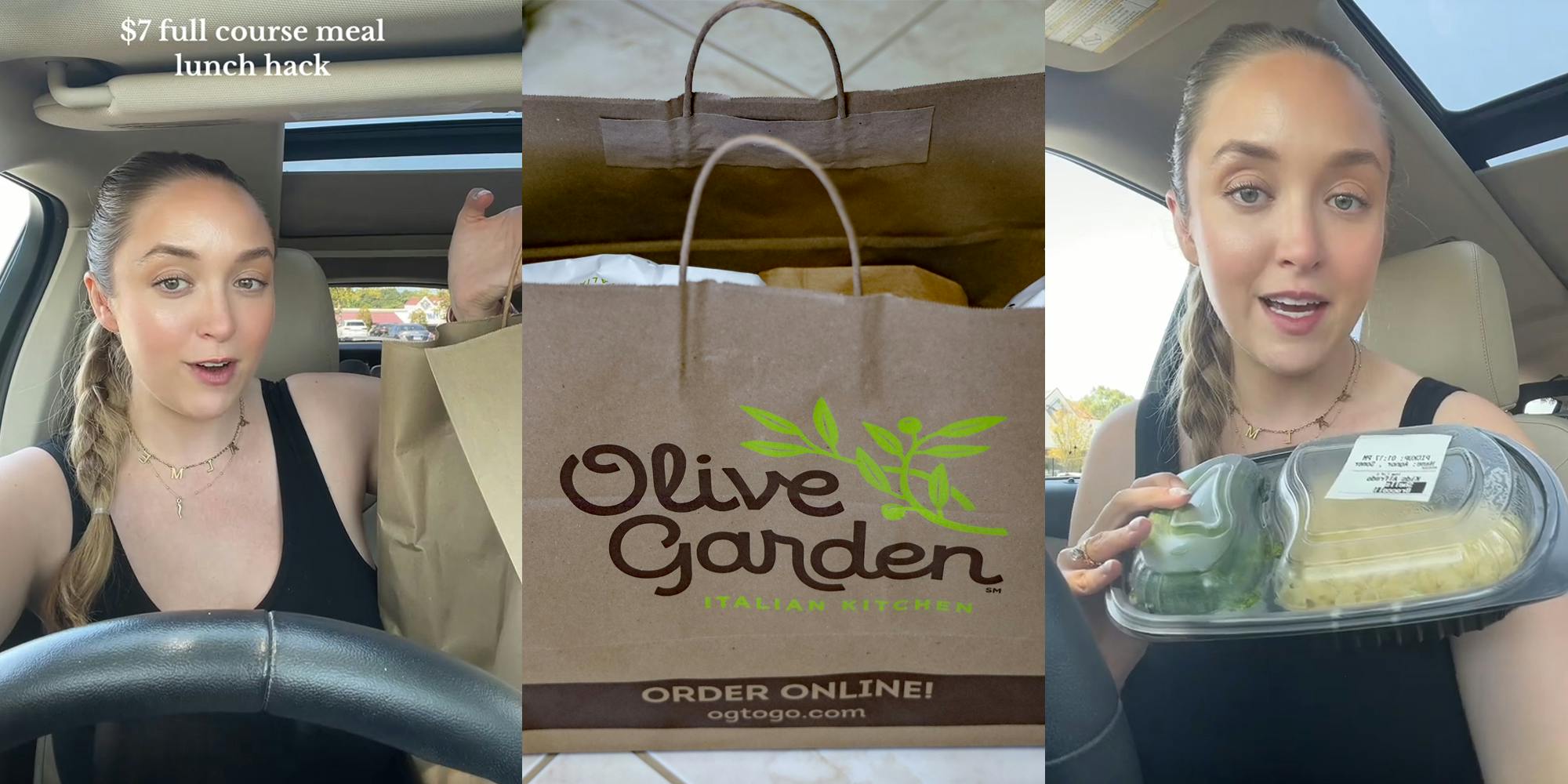 Olive Garden customer speaking in car with food and caption "$7 full course meal lunch hack (l) Olive Garden branded bag on floor (c) Olive Garden customer speaking in car with food (r)