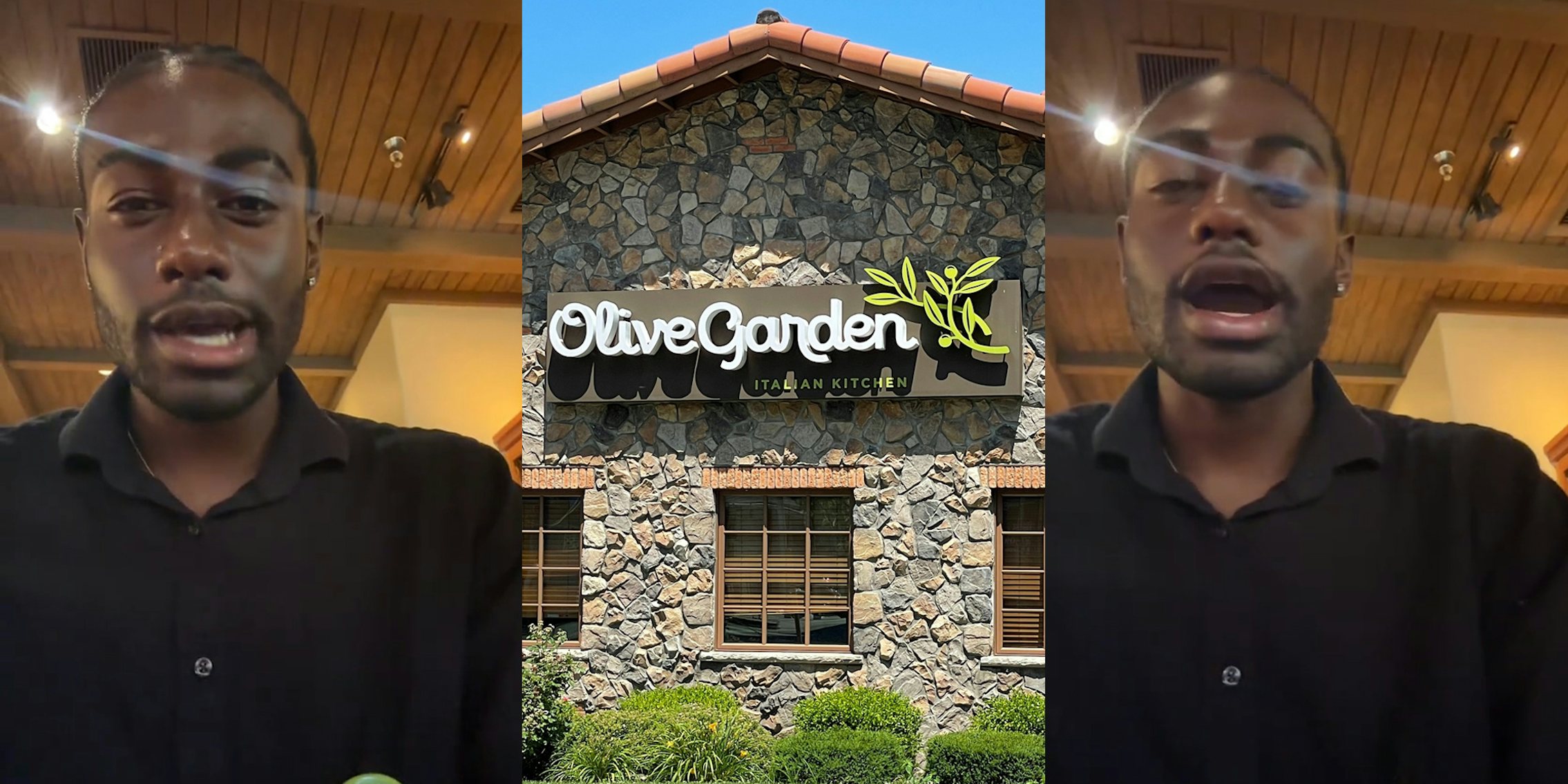 Olive Garden worker speaking (l) Olive Garden restaurant with sign (c) Olive Garden worker speaking (r)