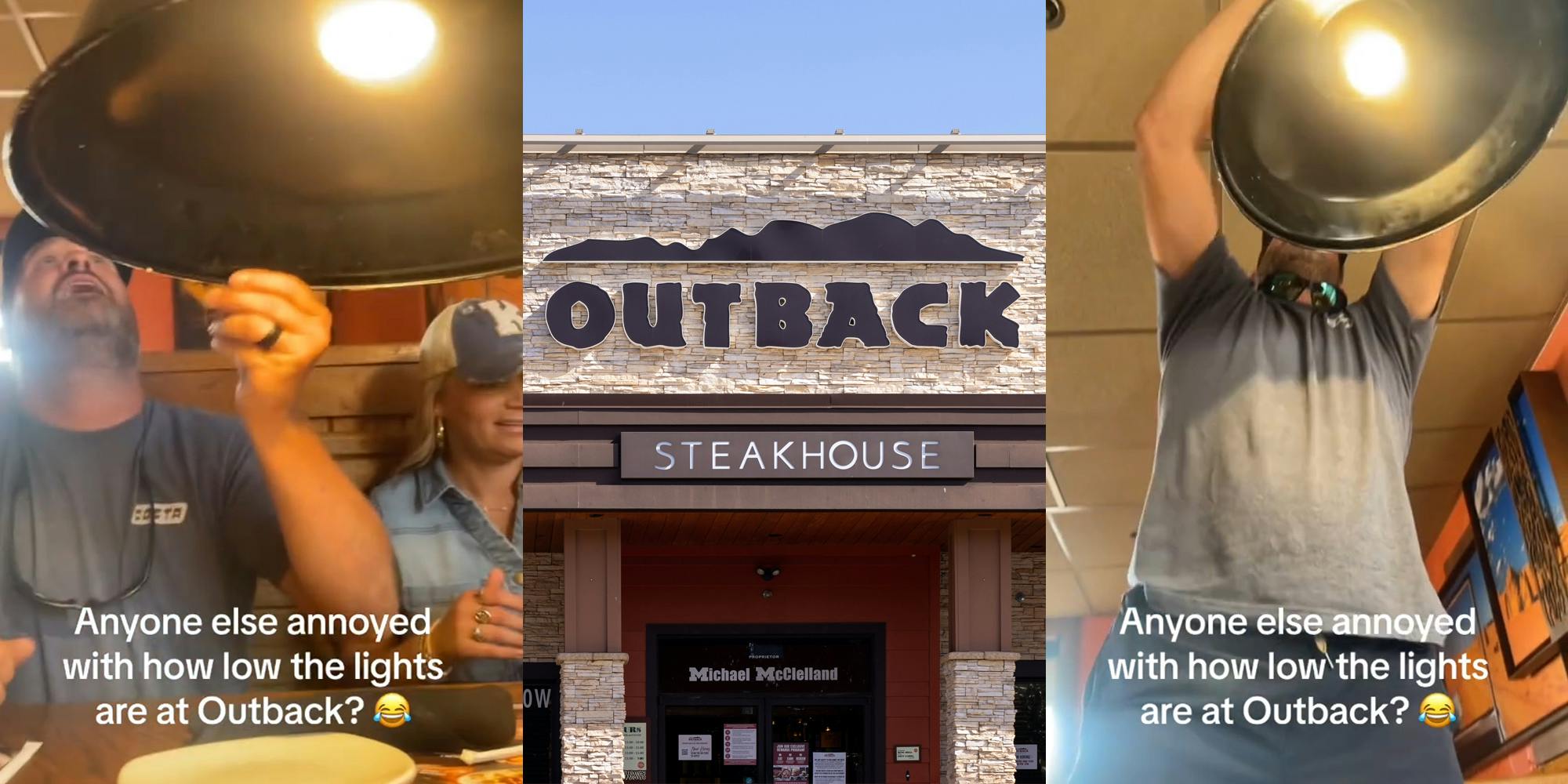 Outback Steakhouse customers at table with light with caption "Anyone else annoyed with how low the lights are at Outback?" (l) Outback Steakhouse building with sign (c) Outback Steakhouse customer at table adjusting light with caption "Anyone else annoyed with how low the lights are at Outback?" (r)