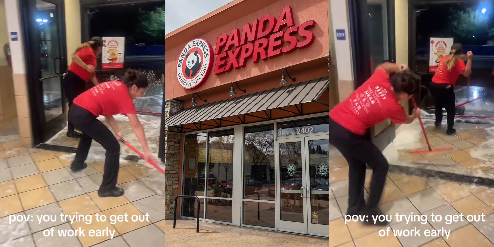 Panda Express employees mopping with caption "pov: you trying to get out of work early" (l) Panda Express building with sign (c) Panda Express employees mopping with caption "pov: you trying to get out of work early" (r)