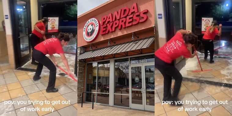 Panda Express employees mopping with caption 'pov: you trying to get out of work early' (l) Panda Express building with sign (c) Panda Express employees mopping with caption 'pov: you trying to get out of work early' (r)