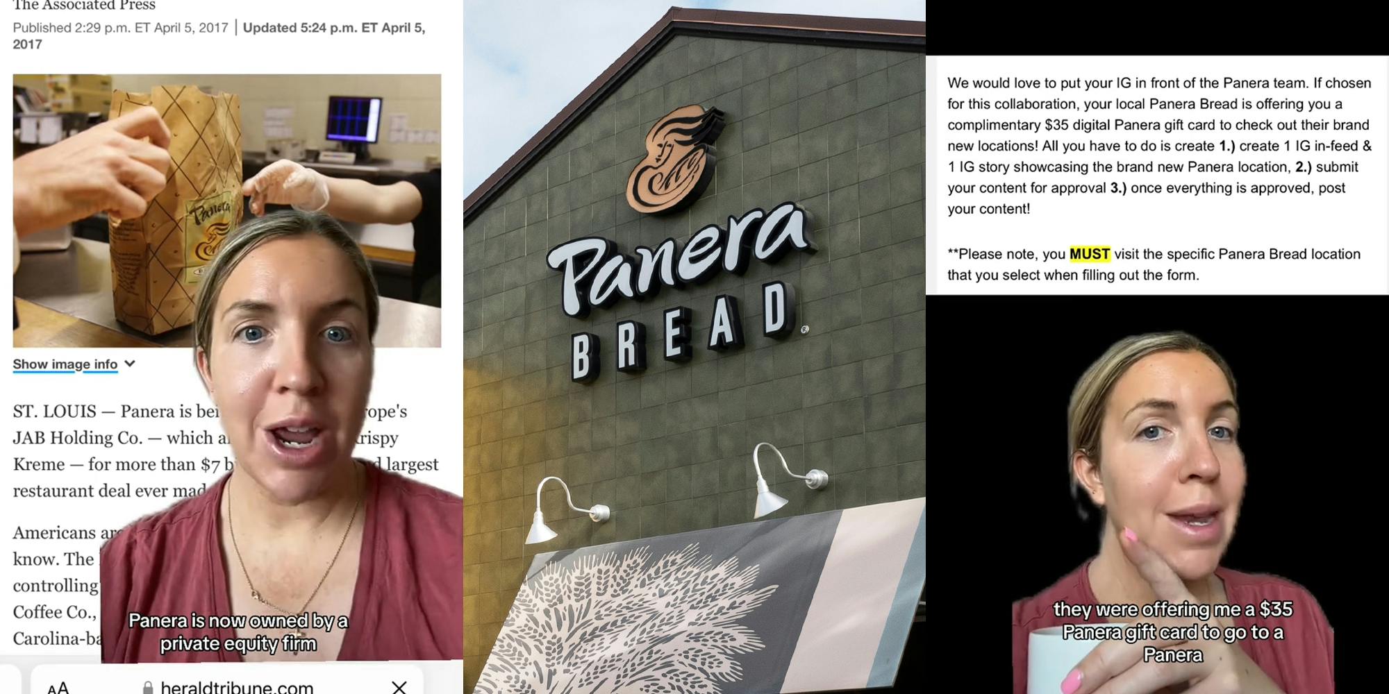 TikToker greenscreen TikTok over Panera article with caption "Panera is now owned by a private equity firm" (l) Panera Bread building with sign (c) TikToker greenscreen TikTok over email with caption "they were offering me a $35 Panera gift card to go to a Panera" (r)