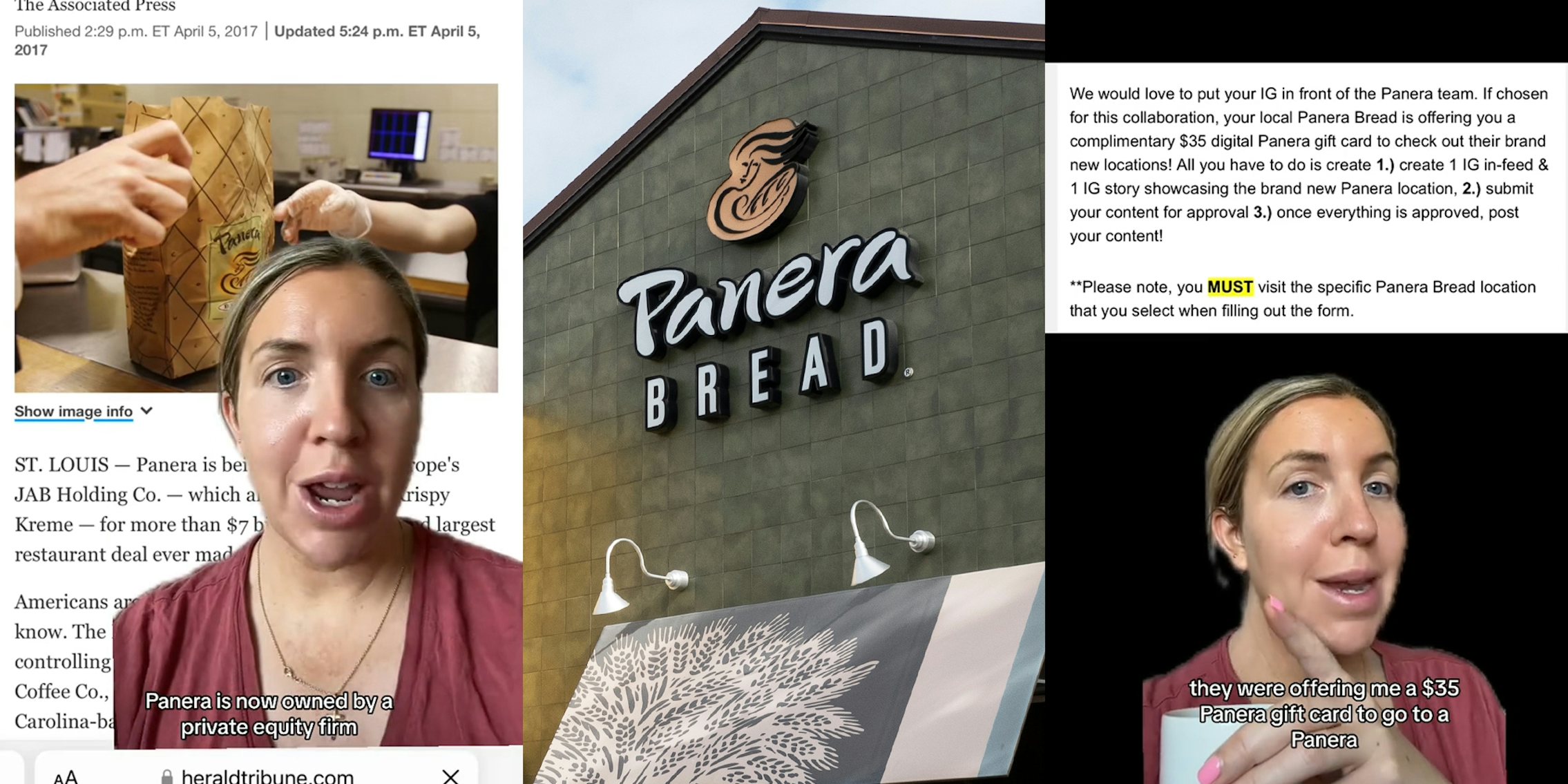 TikToker greenscreen TikTok over Panera article with caption 'Panera is now owned by a private equity firm' (l) Panera Bread building with sign (c) TikToker greenscreen TikTok over email with caption 'they were offering me a $35 Panera gift card to go to a Panera' (r)