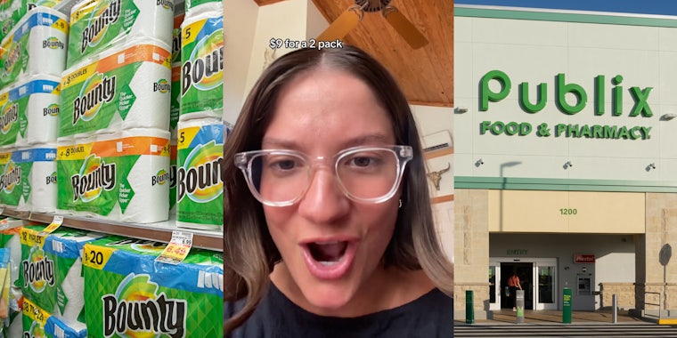 Bounty paper towels at store(l) Publix customer speaking with caption ' $9 for a 2 pack' (c) Publix building with sign (r)