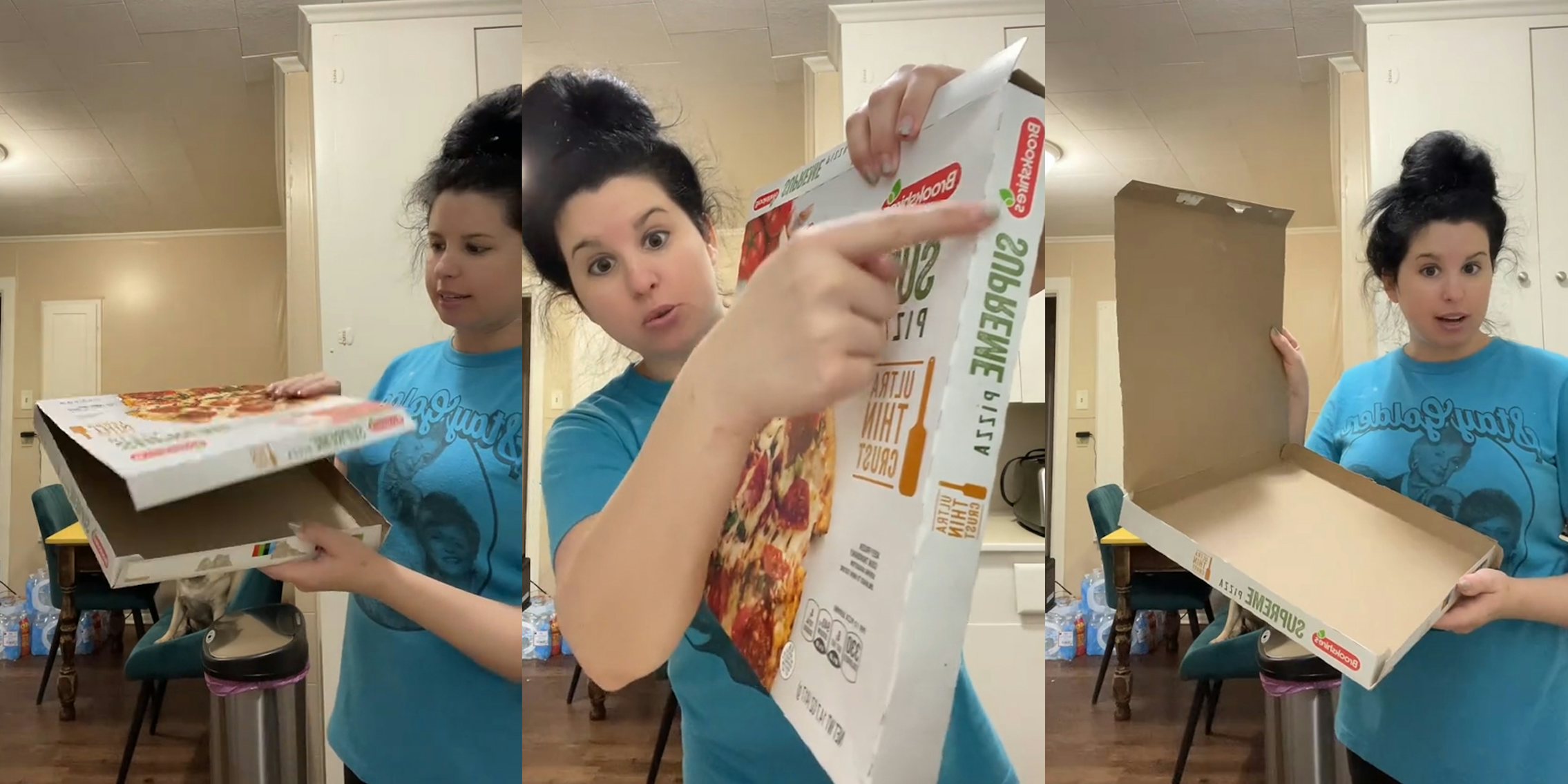 woman with pizza box (l) woman pointing to perforated edge of pizza box (c) woman opening cut pizza box (r)