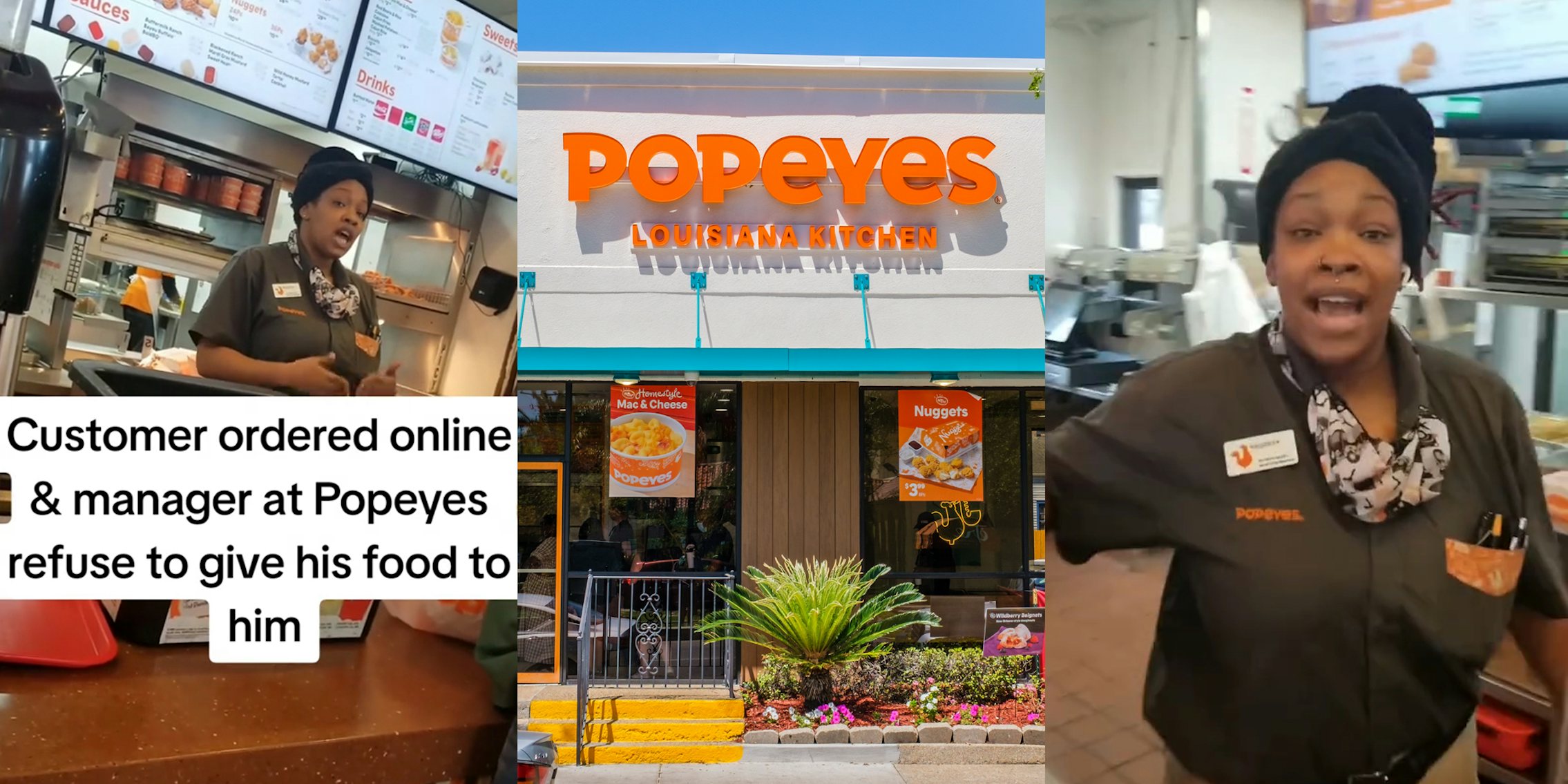 Popeyes interior with manager speaking with caption 'Customer ordered online & manager at Popeyes refuse to give his food to him' (l) Popeyes building with sign (c) Popeyes interior with manager speaking (r)