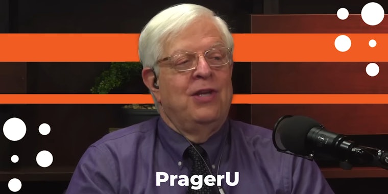 Dennis Prager in front of orange stripe background with PragerU logo centered at bottom and in bottom left/top right corners