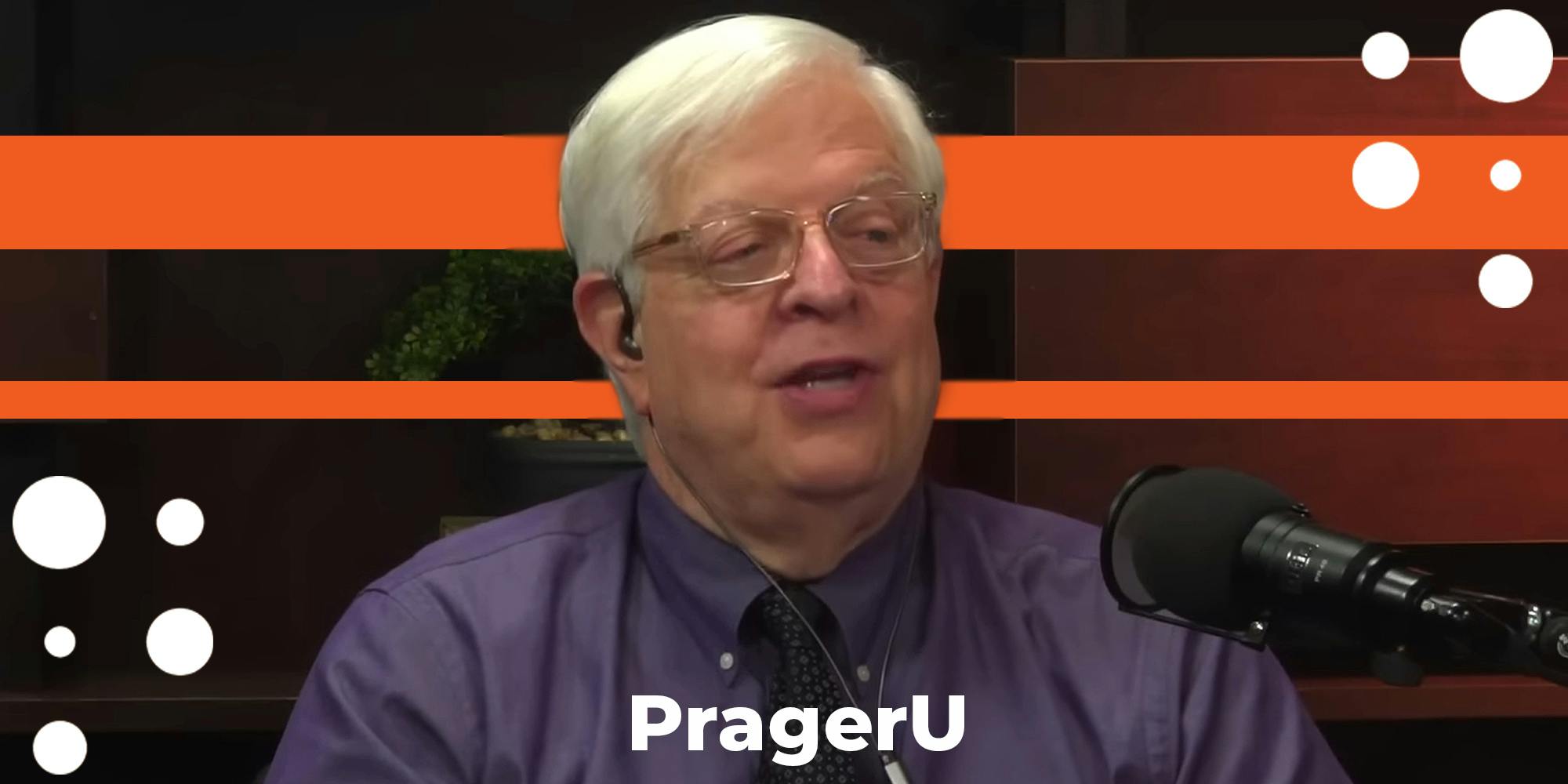 Dennis Prager in front of orange stripe background with PragerU logo centered at bottom and in bottom left/top right corners