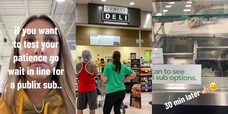 Publix customer with caption 'if you want to test your patience go to wait in line for a publix sub' (l) Publix Deli line (c) Publix deli worker making sub with caption '30 min later' (r)