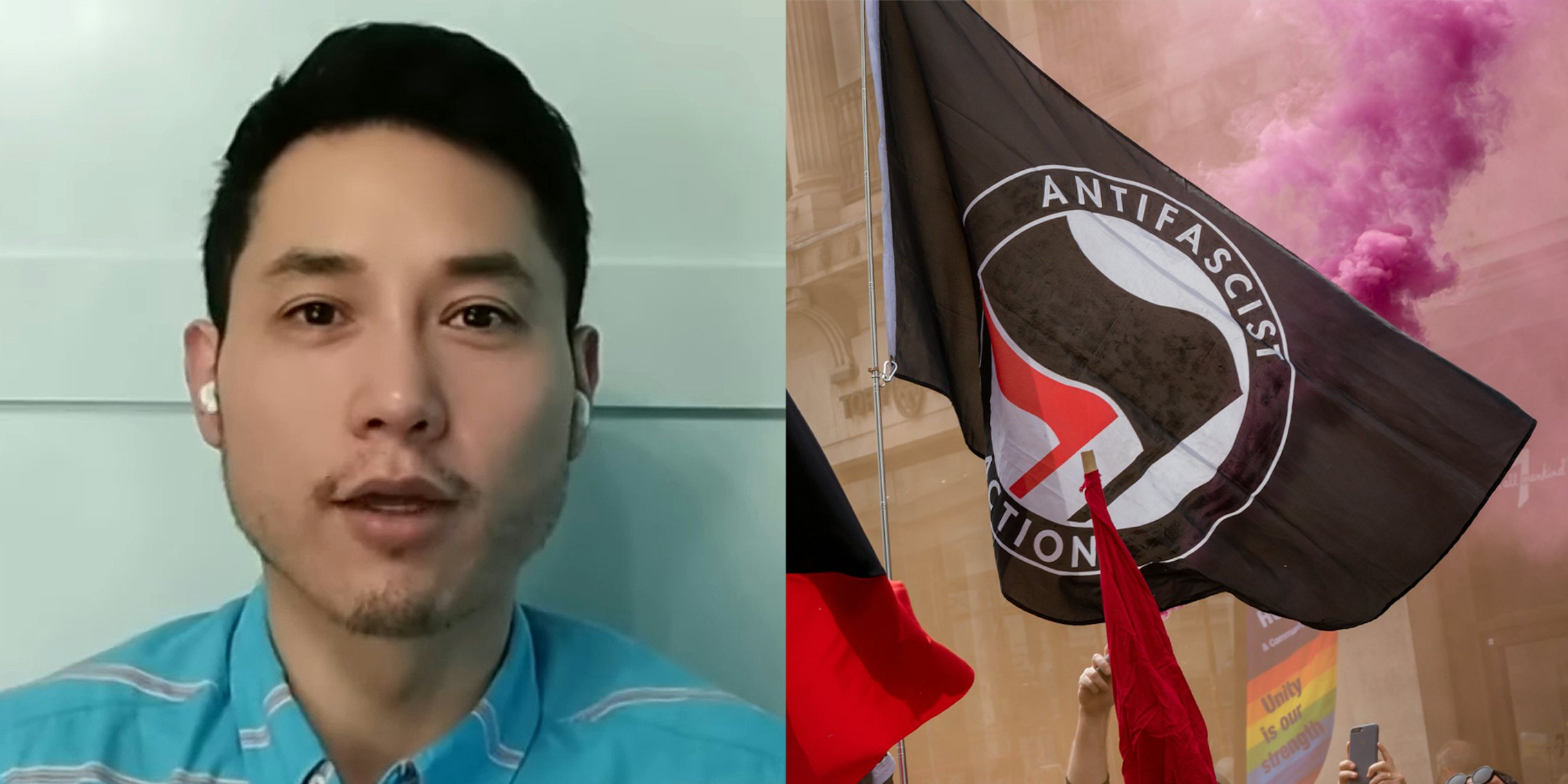 Andy Ngo speaking (l) Antifa flag with colored smoke (r)