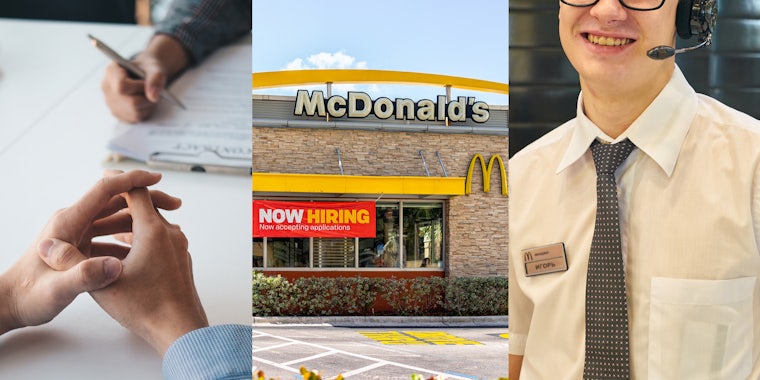 person at job interview sitting at table with manager reading resume (c) McDonald's building with signs (c) McDonald's employee wearing headset (r)