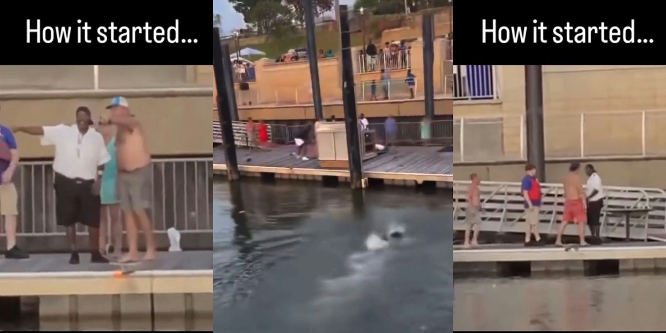 riverboat fight video on dock with caption 'how it started...' (l&r) people fighting on dock with man swimming (c)